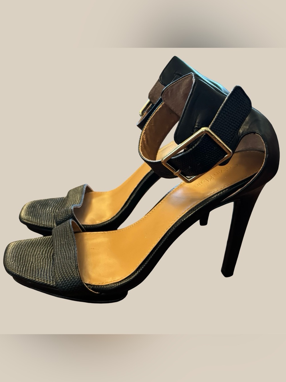 Calvin Klein Vable Sandals Black Lizard Embossed Platform Stiletto Gold Buckle 8
